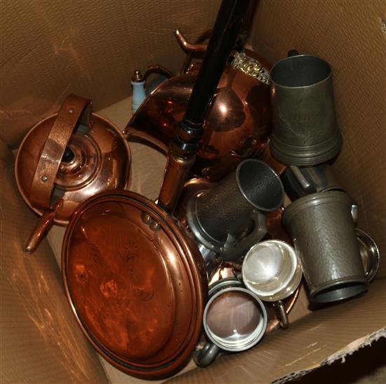 2 copper kettles, copper coal scuttle, copper warming pan, copper dish, 7 tankards